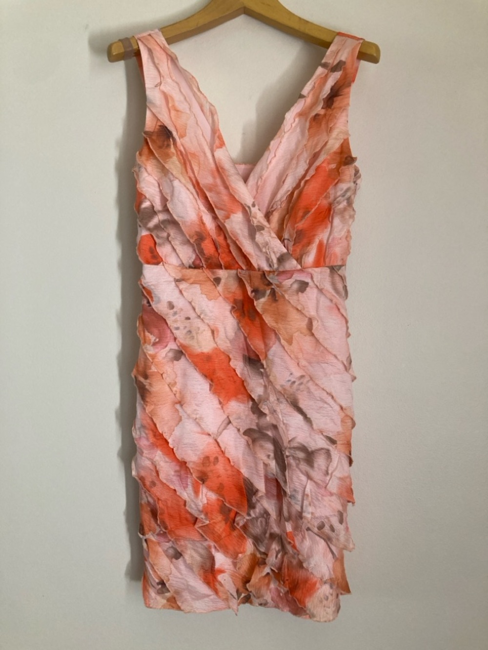 Ann Taylor Coral & Pink Ruffled V-Neck Silk Dress